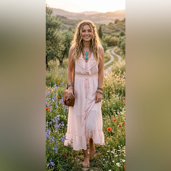 Chelsea28 Dresses & Skirts - Chelsea28 Ruffle Trim Chiffon Dress Light Pink Creole Midi Dress-Orig$190